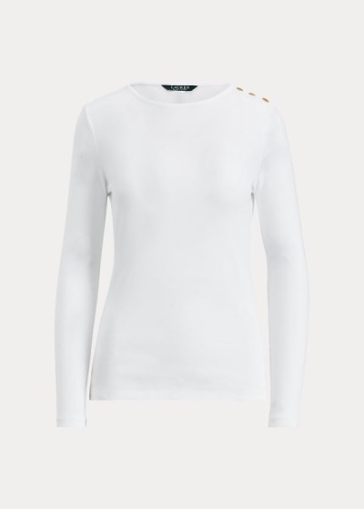 Tops Ralph Lauren Mujer Blancos - Button-Shoulder Crewneck - ELVXT6043